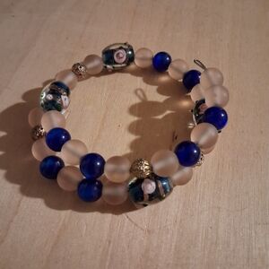 Handcrafted Blue and Frosted Glass Beaded Coil Bracelet